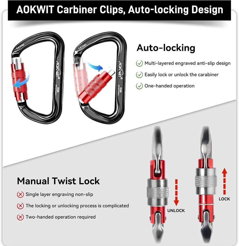 AOKWIT 30KN Auto Locking Carabiner Clip Twist Lock UIAA Certified Large Climbing Carabiner Heavy Duty Carabiner for Rock Tree Climbing Rappelling Mountaineering Caving Rescue Arborist Aerial Yoga - Image 5